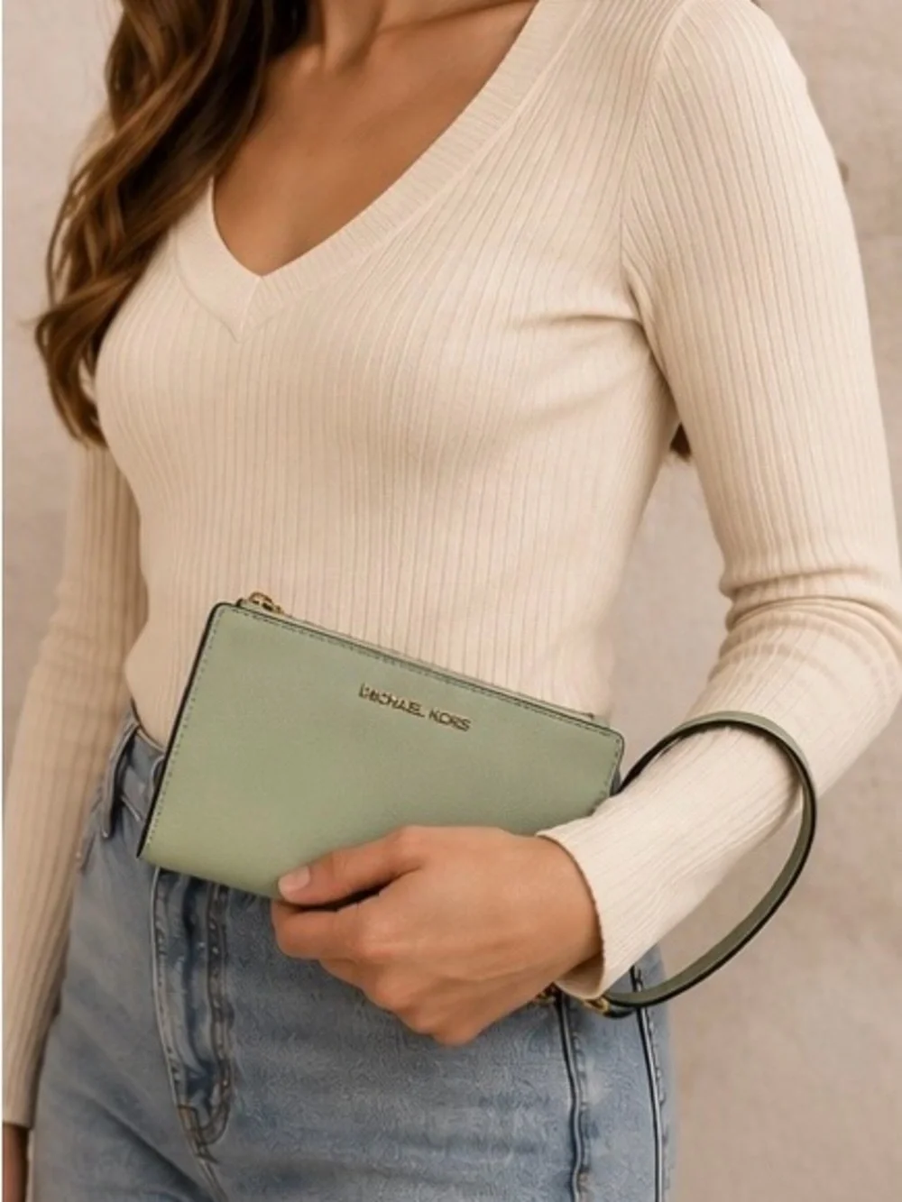 Michael Kors Jet Set Double Zip Phone Wallet Wristlet Light Sage NWOT